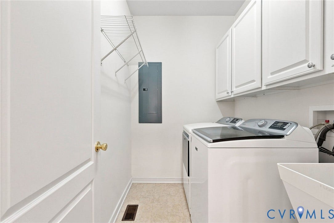 Utility space featuring white cabinetry, a utility sink, and wall-mounted shelving
