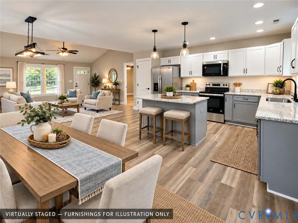 1010 Johnson Road, Mineral, VA 23117 Open-concept living space with vaulted ceilings, wood-finish flooring, and recessed lighting