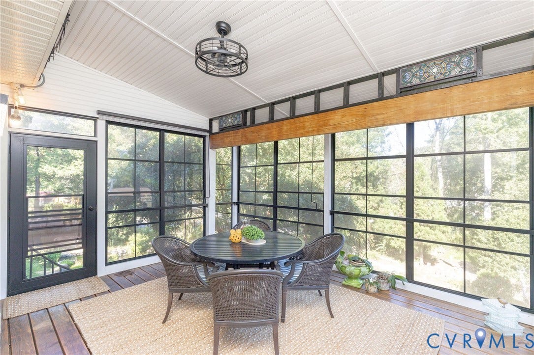 12669 Fawn Lane, Goochland, VA 23233 Screened porch with wood-finish flooring, black-framed windows, and slatted ceiling