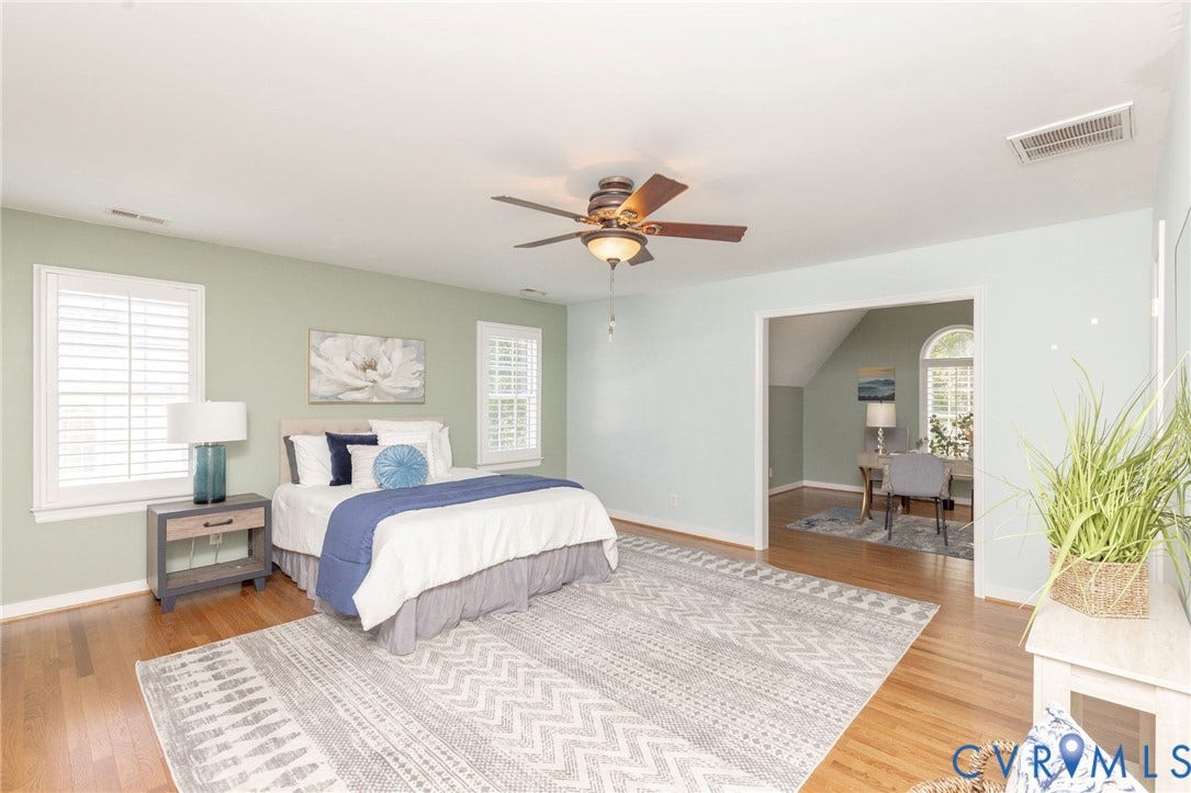 12669 Fawn Lane, Goochland, VA 23233 Hardwood flooring throughout, white plantation shutters, and a ceiling fan with integrated lighting