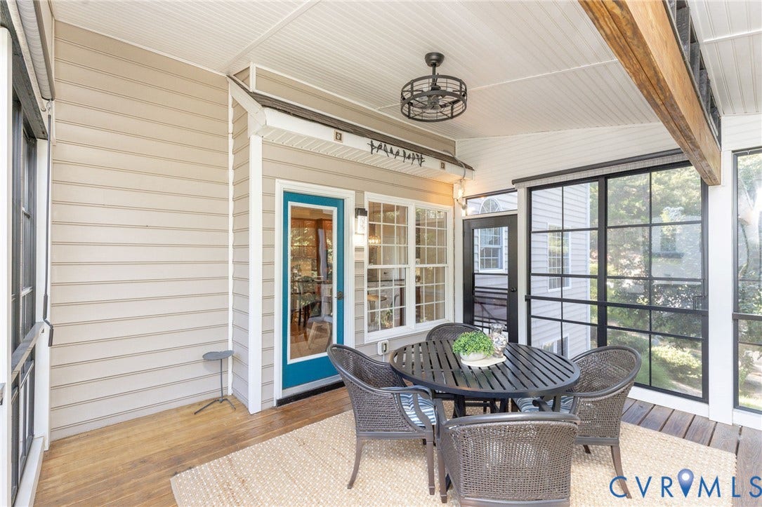 12669 Fawn Lane, Goochland, VA 23233 Screened porch with wood-finish flooring, beadboard ceiling, and exposed wood beam
