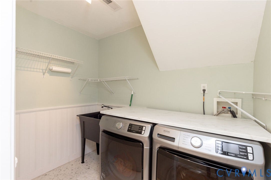 12669 Fawn Lane, Goochland, VA 23233 Laundry area with wire shelving, utility sink, white wainscoting, and a countertop over appliances