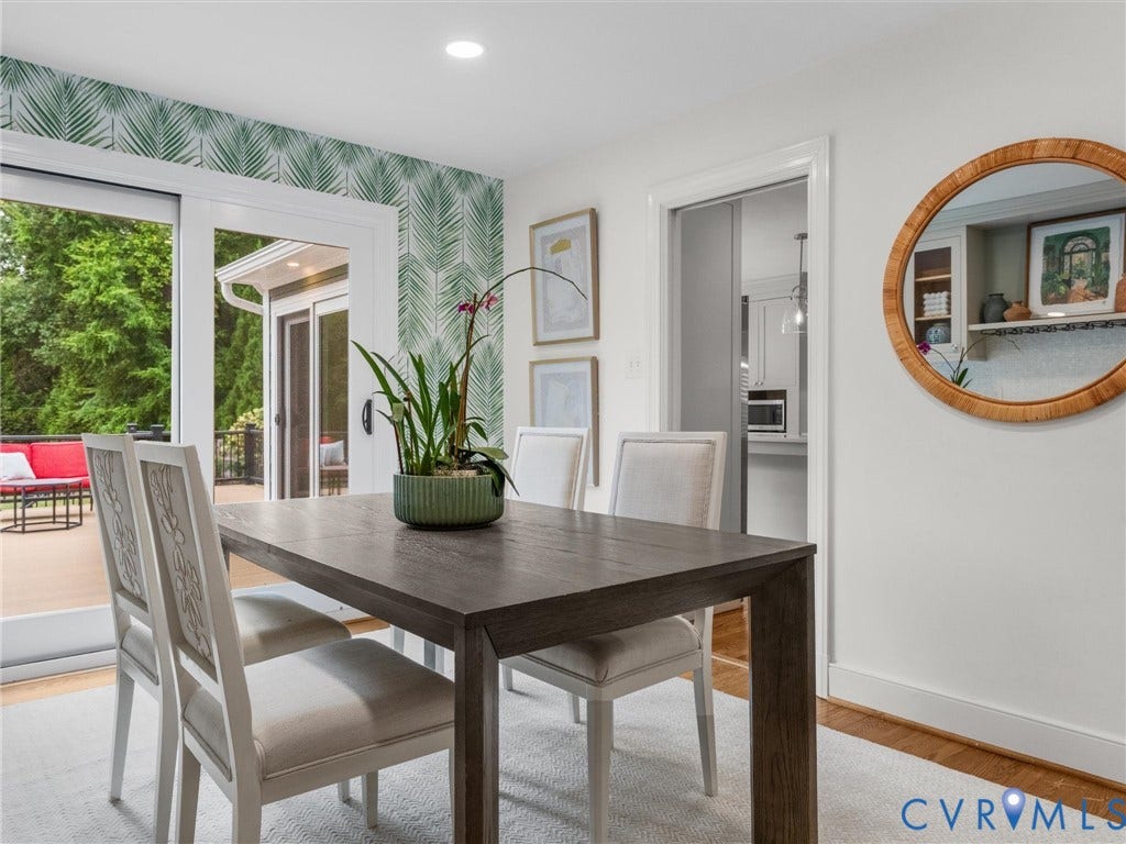 600 Baldwin Road, Henrico, VA 23229 Sliding glass doors to outdoor deck, recessed lighting, wood-finish flooring, pocket door to kitchen, and decorative wall paneling