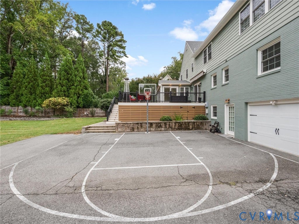 600 Baldwin Road, Henrico, VA 23229 Backyard featuring a dedicated sports court, multi-level composite deck with black railings, and a two-car garage