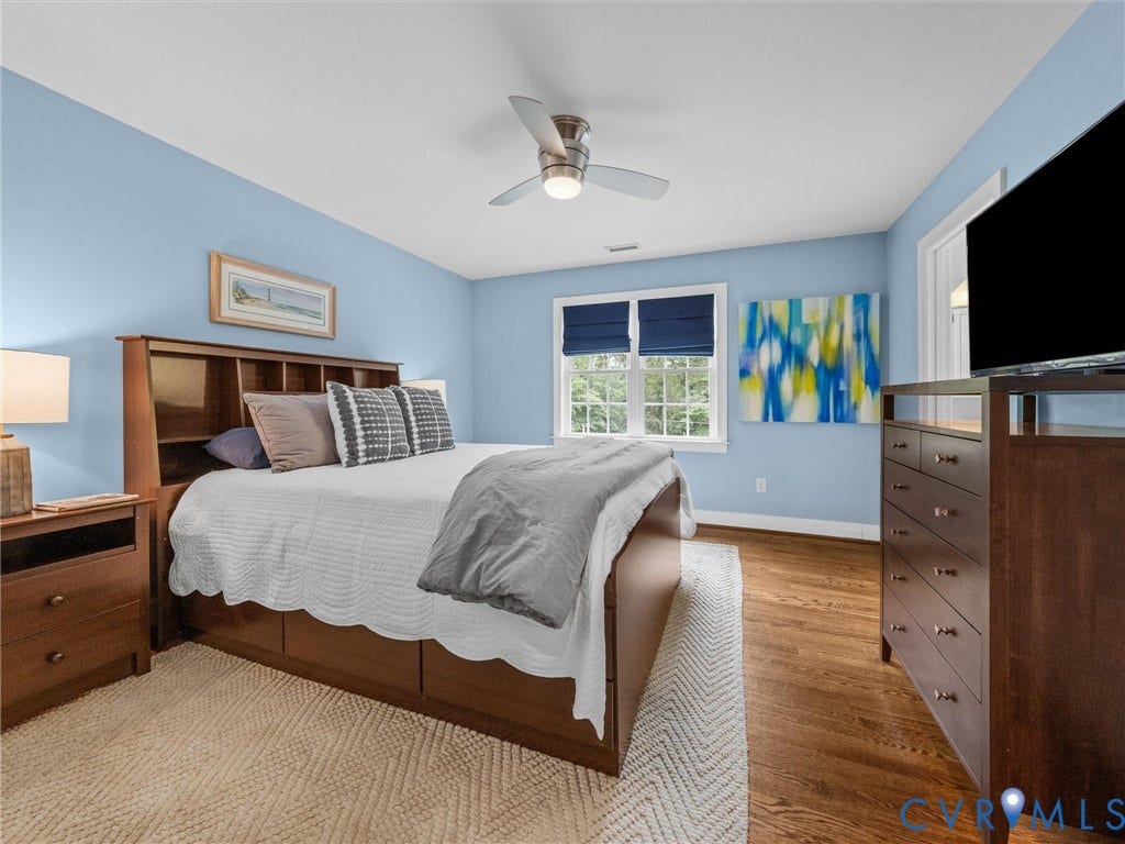 600 Baldwin Road, Henrico, VA 23229 Hardwood flooring, painted walls, ceiling fan with integrated lighting, window with blinds, and a built-in closet