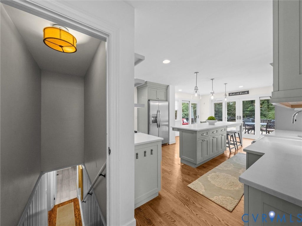 600 Baldwin Road, Henrico, VA 23229 Recessed lighting, wood-finish flooring, light gray cabinetry, stainless steel appliances, and French doors leading to exterior space