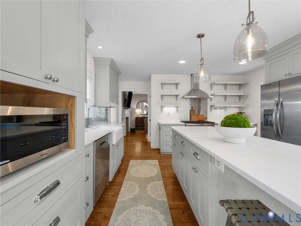 600 Baldwin Road, Henrico, VA 23229 Well-appointed kitchen featuring light-toned cabinetry, a spacious center island with a light-toned countertop, stainless steel appliances, and wood-finish flooring