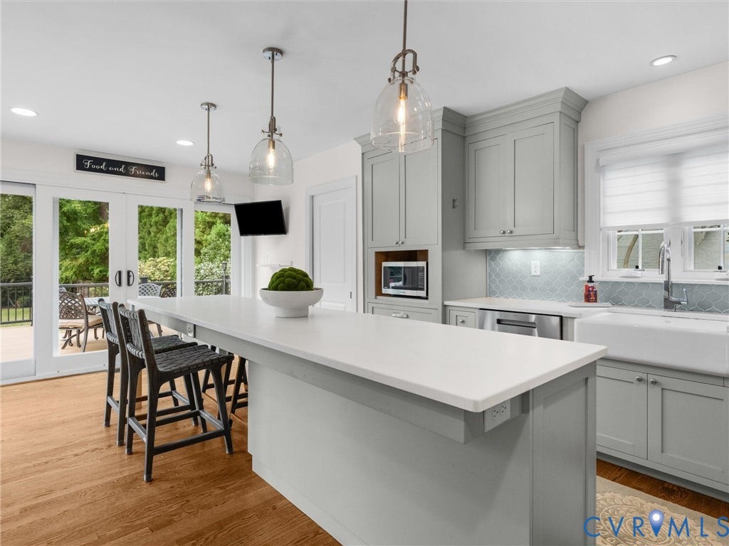 600 Baldwin Road, Henrico, VA 23229 Expansive kitchen island with seating, pendant lighting, light gray cabinetry, and white countertops