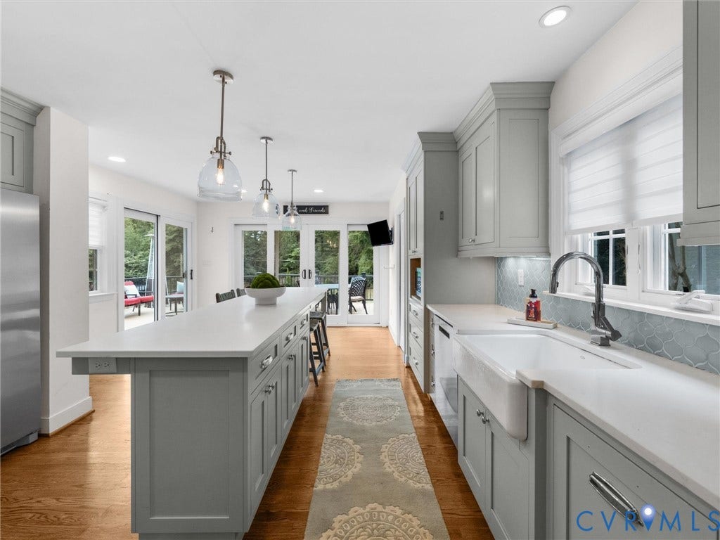 600 Baldwin Road, Henrico, VA 23229 Kitchen featuring light gray cabinetry, a white farmhouse sink, light-toned countertops, hardwood flooring, and glass-paned doors