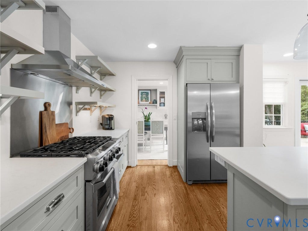 600 Baldwin Road, Henrico, VA 23229 Wood-finish flooring, stainless steel appliances, stone countertops, light gray cabinetry, and a stainless steel range hood