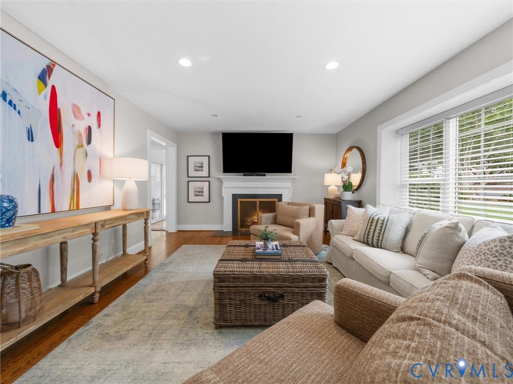 600 Baldwin Road, Henrico, VA 23229 Hardwood flooring, recessed lighting, white fireplace with mantle, large windows with blinds