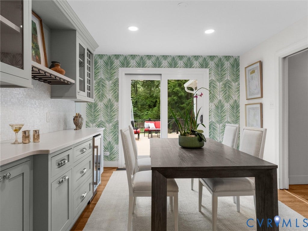 600 Baldwin Road, Henrico, VA 23229 Built-in cabinetry with glass-front uppers, wine rack, and beverage refrigerator