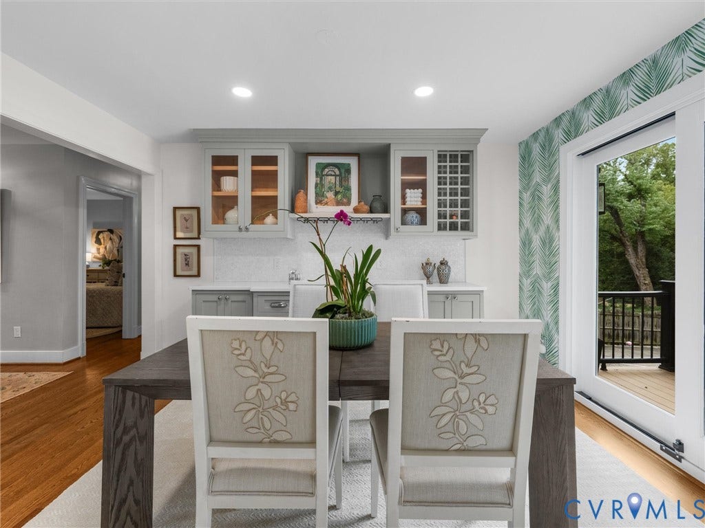 600 Baldwin Road, Henrico, VA 23229 Built-in cabinetry with glass-front uppers and a tiled backsplash, recessed lighting, wood-finish flooring, and a sliding glass door leading to a balcony with black railings