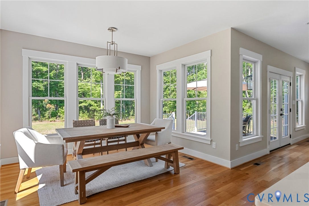 13003 Farrington Place Lane, Farrington Place, Hanover, VA 23059 Hardwood flooring, multiple large windows, a drum pendant light fixture, French doors, and neutral wall tones