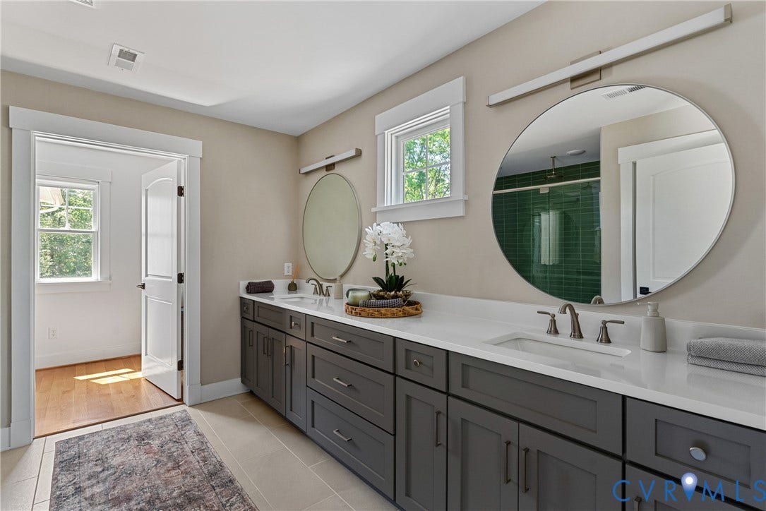 13003 Farrington Place Lane, Farrington Place, Hanover, VA 23059 Dual vanity with gray cabinetry and white countertops