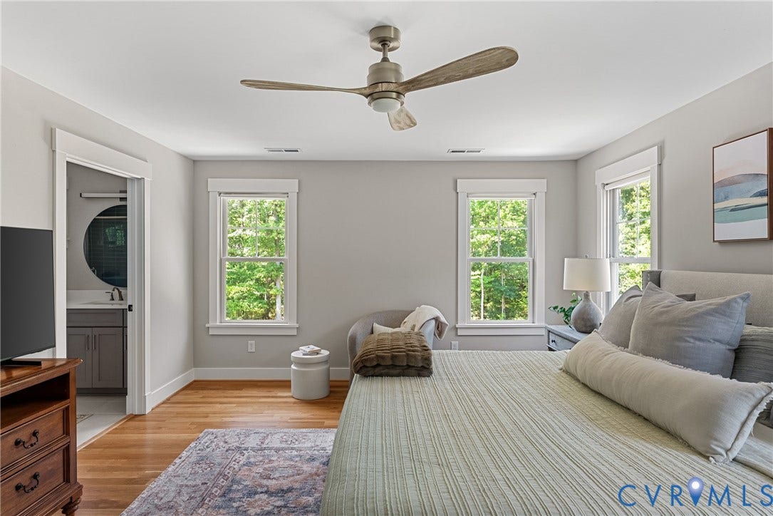 13003 Farrington Place Lane, Farrington Place, Hanover, VA 23059 Hardwood flooring, two windows with white trim, and a ceiling fan with integrated lighting