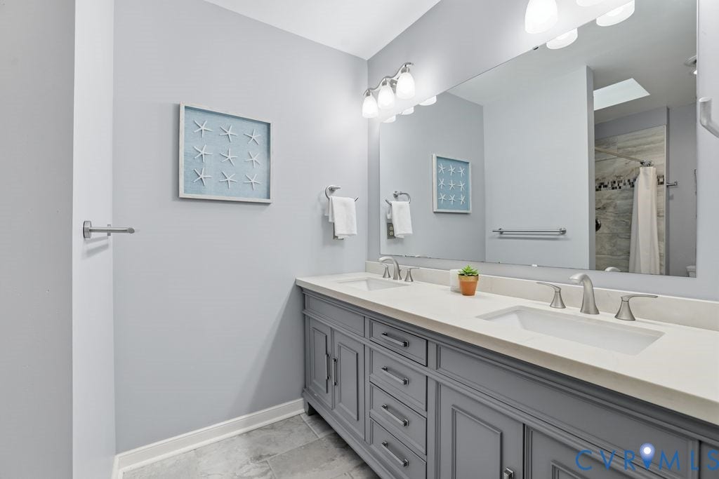 9612 Kingscroft Drive, Glen Allen, VA 23060 Double vanity featuring grey cabinetry, white countertops, and brushed nickel fixtures