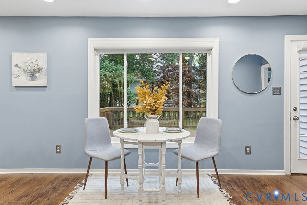 9612 Kingscroft Drive, Glen Allen, VA 23060 Dining area featuring a full-light window with white trim, wood-finish flooring, and a white paneled door with louvered blinds