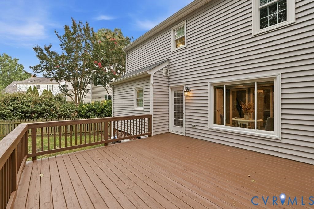 9612 Kingscroft Drive, Glen Allen, VA 23060 Expansive deck featuring warm wood-finish decking, horizontal railings with balusters, and integrated lighting