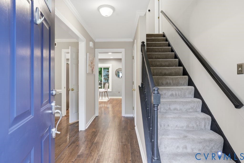 9612 Kingscroft Drive, Glen Allen, VA 23060 Welcoming foyer featuring a striking cobalt blue entry door, wide-plank wood-finish flooring, and a graceful staircase with gray carpeted treads and black metal handrailing