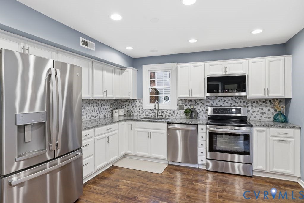 9612 Kingscroft Drive, Glen Allen, VA 23060 Kitchen featuring stainless steel appliances, white cabinetry, granite countertops, a decorative tile backsplash, and wood-finish flooring