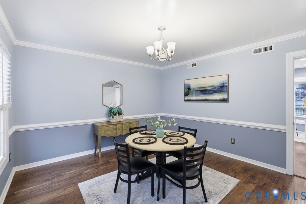 9612 Kingscroft Drive, Glen Allen, VA 23060 Dining area featuring wood-finish flooring, two-tone painted walls with chair rail molding, and a chandelier with white glass shades