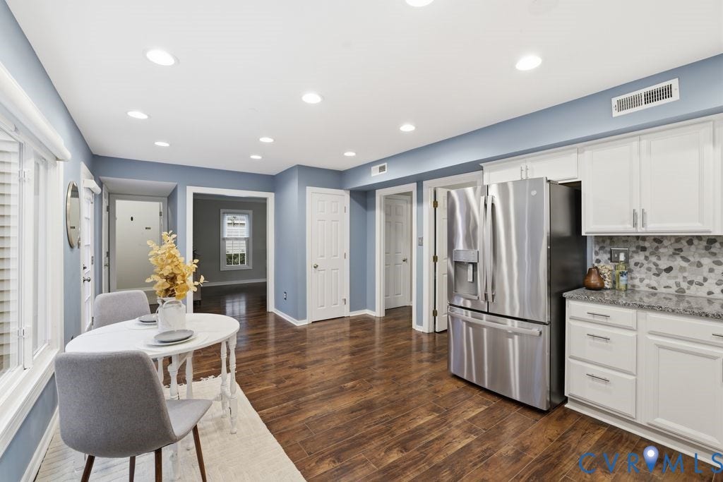 9612 Kingscroft Drive, Glen Allen, VA 23060 Modern kitchen and dining area featuring stainless steel French-door refrigerator, white cabinetry with soft-close drawers, mosaic tile backsplash, and integrated appliances