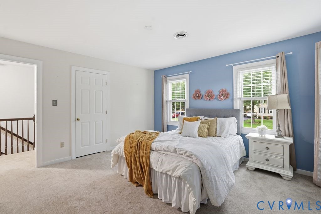 9612 Kingscroft Drive, Glen Allen, VA 23060 Carpeted room with a paneled door, two windows with blinds, and white trim