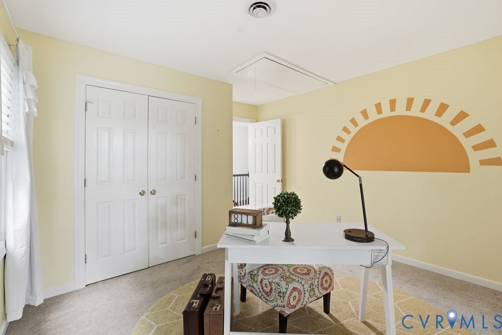 9612 Kingscroft Drive, Glen Allen, VA 23060 Room featuring neutral-toned walls, light-colored carpet flooring, a window with white blinds, and a double-door closet