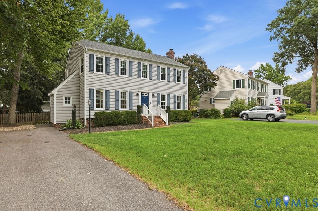 9612 Kingscroft Drive, Glen Allen, VA 23060 Traditional two-story residence featuring light gray siding, a prominent blue entry door, and blue window shutters