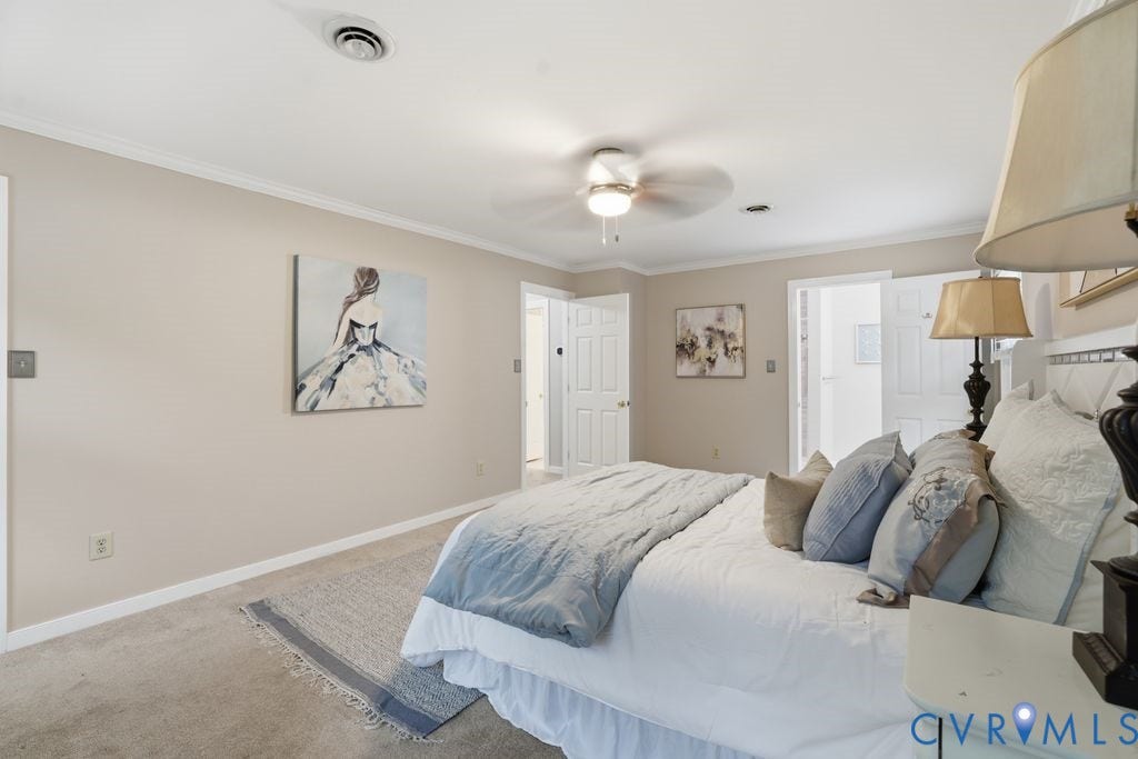9612 Kingscroft Drive, Glen Allen, VA 23060 Carpeted room featuring a ceiling fan, recessed lighting, crown molding, and two white paneled doors