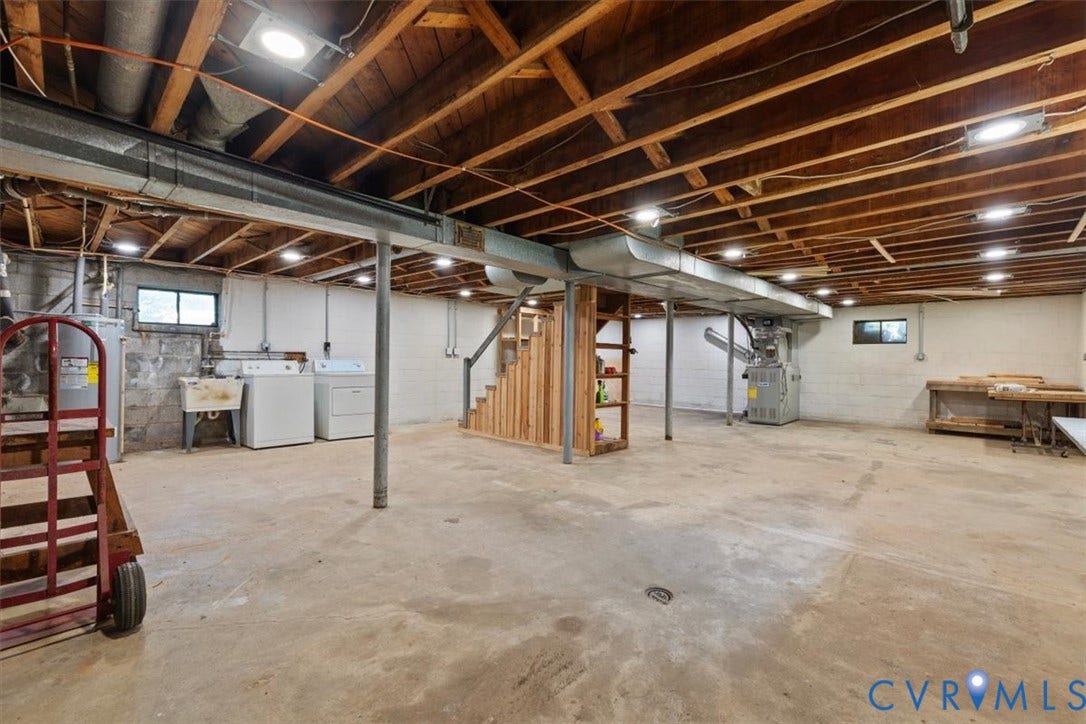 3577 Old Buckingham Road, Powhatan, VA 23139 Unfinished basement with concrete flooring and exposed wood ceiling joists