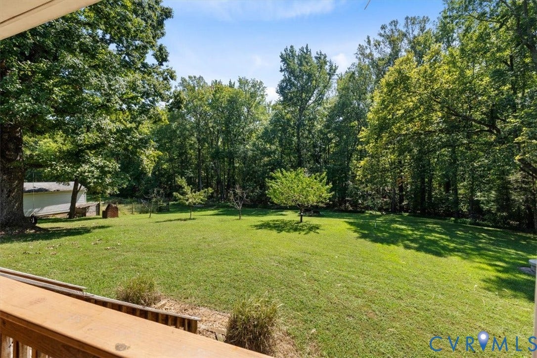 3577 Old Buckingham Road, Powhatan, VA 23139 Expansive green lawn with mature trees and a wooded backdrop