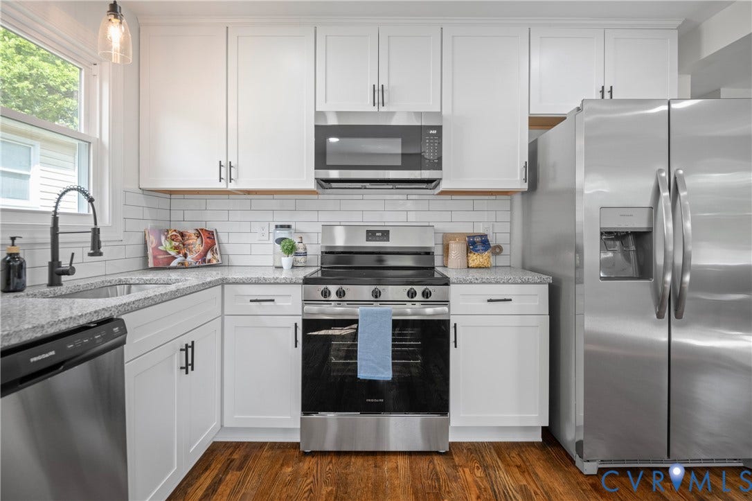 2211 Royall Avenue, Bellemeade, Richmond, VA 23224 Kitchen featuring white shaker cabinetry, stainless steel appliances, granite countertops, subway tile backsplash, and wood-finish flooring
