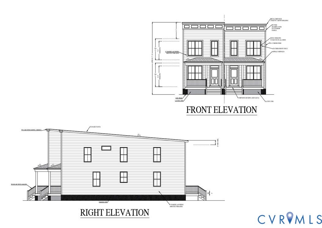 Architectural Drawings, Elevations. Displaying the front and right side views of the property
