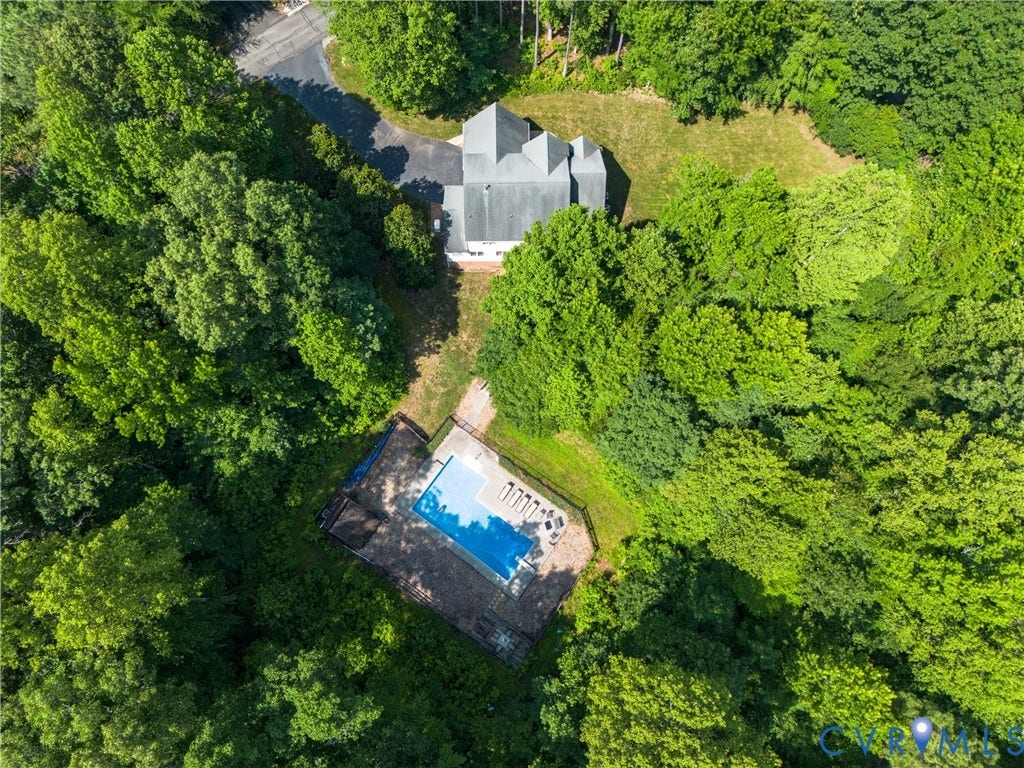Expansive private grounds featuring a multi-gabled roofline, substantial tree cover, a paved driveway, and an in-ground swimming pool