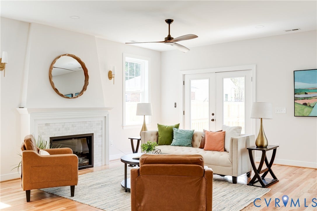 404 W 31st Street, Woodland Heights, Richmond, VA 23225 Recessed lighting, wood-finish flooring, ceiling fan, fireplace with tile surround, and French doors