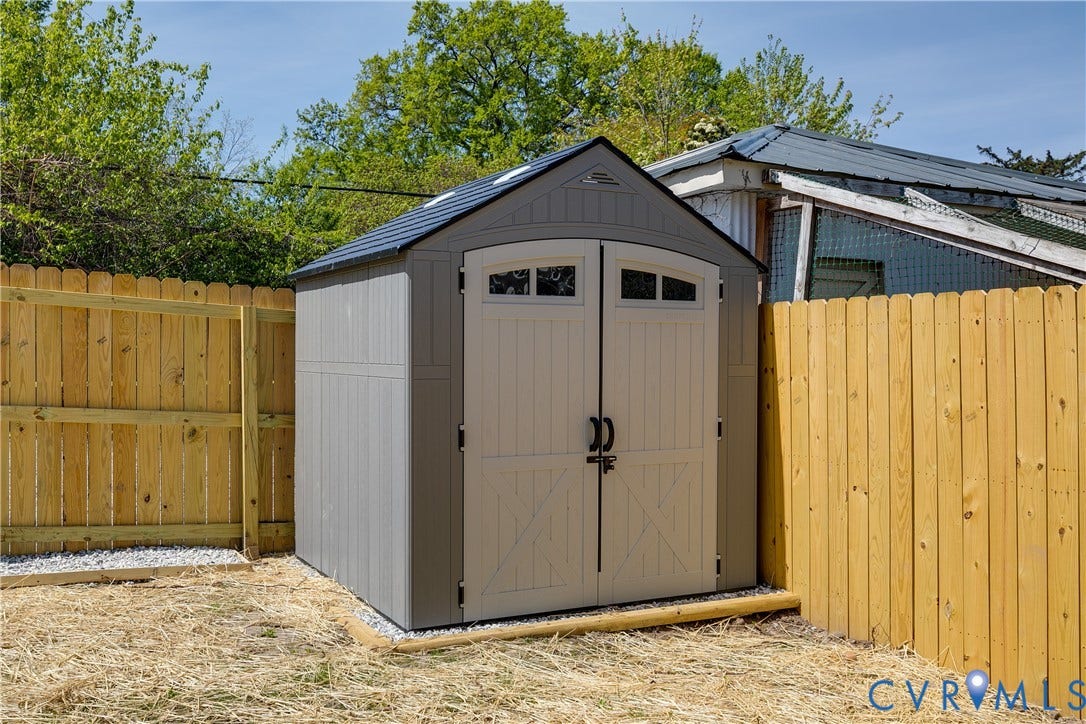 404 W 31st Street, Woodland Heights, Richmond, VA 23225 Freestanding shed with double doors, transom windows, and a gabled roof