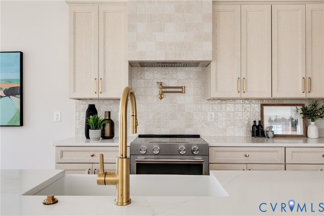 404 W 31st Street, Woodland Heights, Richmond, VA 23225 Kitchen featuring light-toned cabinetry, a built-in range, and a tiled backsplash