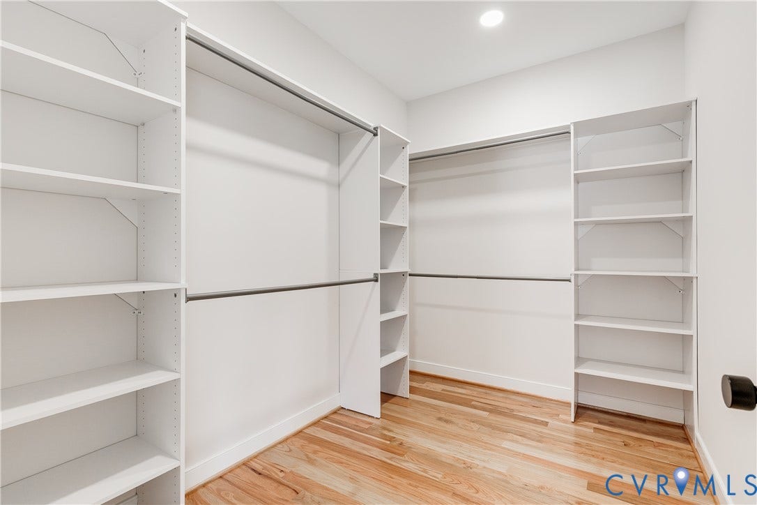 404 W 31st Street, Woodland Heights, Richmond, VA 23225 Built-in shelving, two levels of hanging rods, recessed lighting, and wood-finish flooring