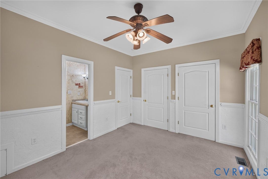 365 Hamlet Road, Manakin Sabot, VA 23103 Wall-to-wall carpeting, wood-finish ceiling fan, and crown molding