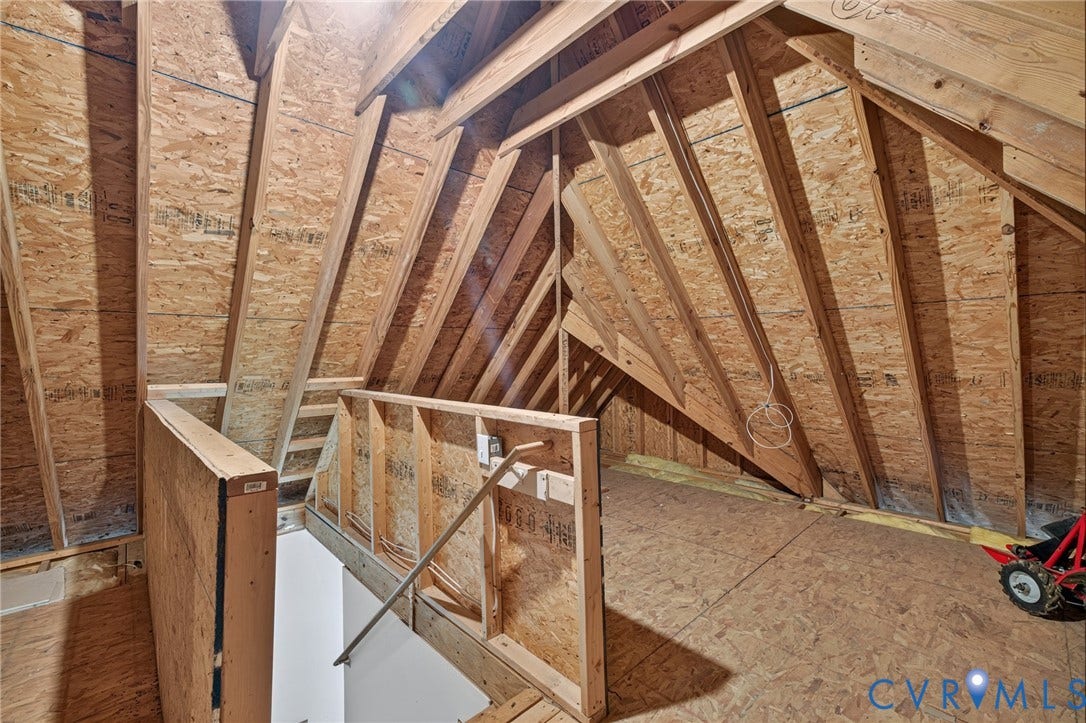 365 Hamlet Road, Manakin Sabot, VA 23103 Unfinished attic space with exposed wood framing, oriented strand board (OSB) wall sheathing, and OSB subflooring