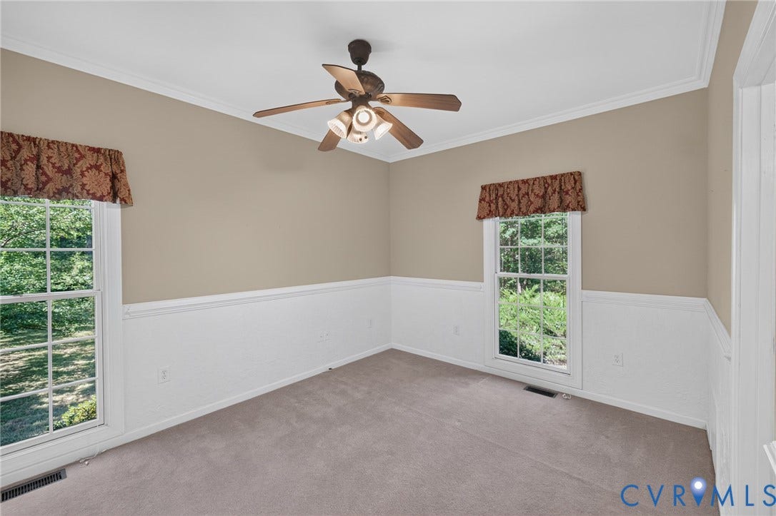 365 Hamlet Road, Manakin Sabot, VA 23103 Room featuring neutral wall tones, crown molding, a ceiling fan with integrated lighting, and two windows