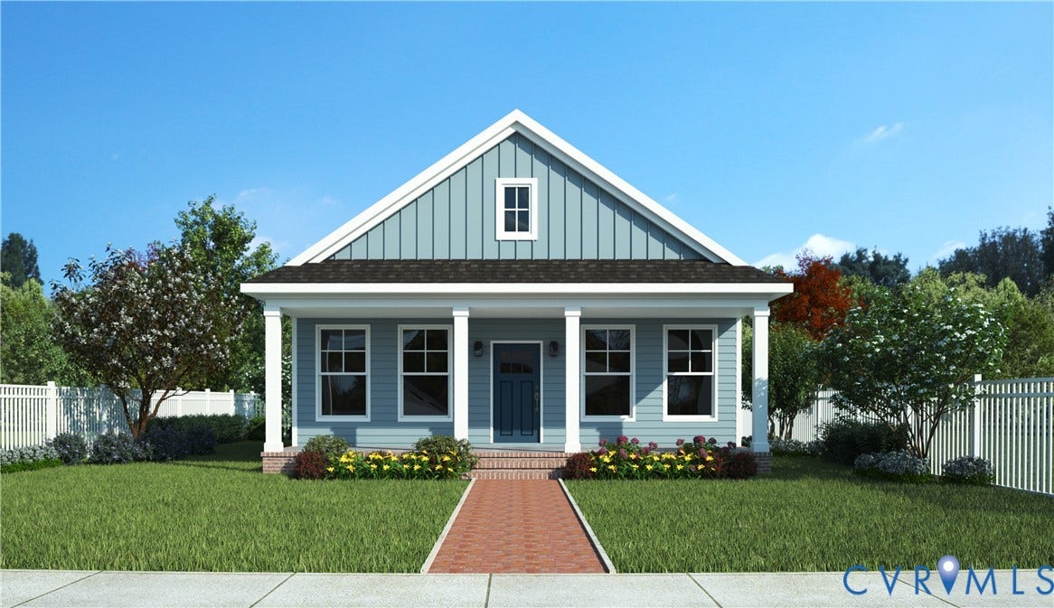 2417 Sheppard Park Circle, Richmond, VA 23222 Front exterior featuring a covered porch with white columns, light blue siding, a dark blue entry door, and a brick pathway