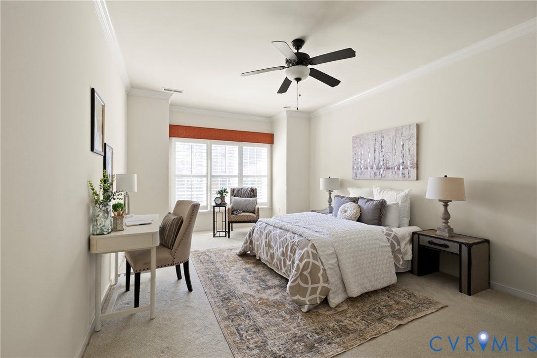 14119 Shawhan Place, Charter Colony, Midlothian, VA 23114 Crown molding, ceiling fan with light fixture, window with privacy blinds, desk area with built-in shelving, carpeted flooring