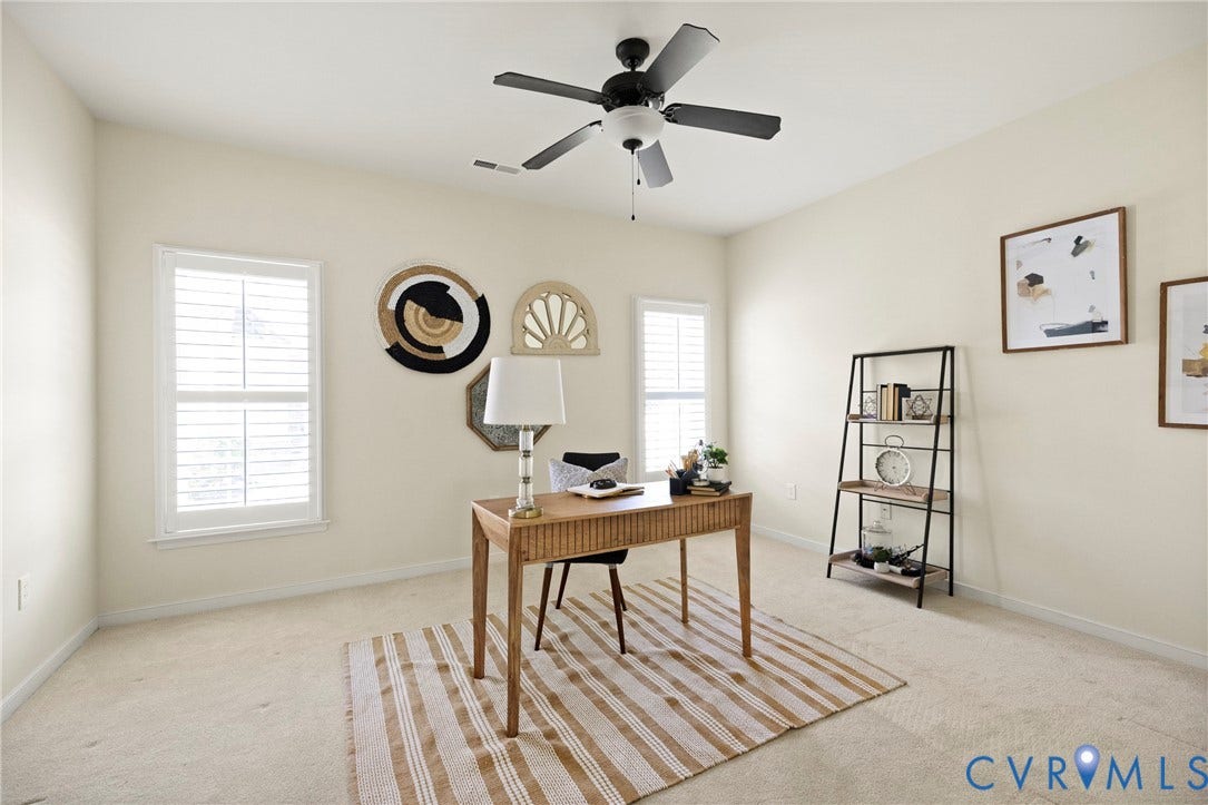 14119 Shawhan Place, Charter Colony, Midlothian, VA 23114 Recessed lighting, ceiling fan with light fixture, two windows with plantation shutters, and soft wall-to-wall carpeting