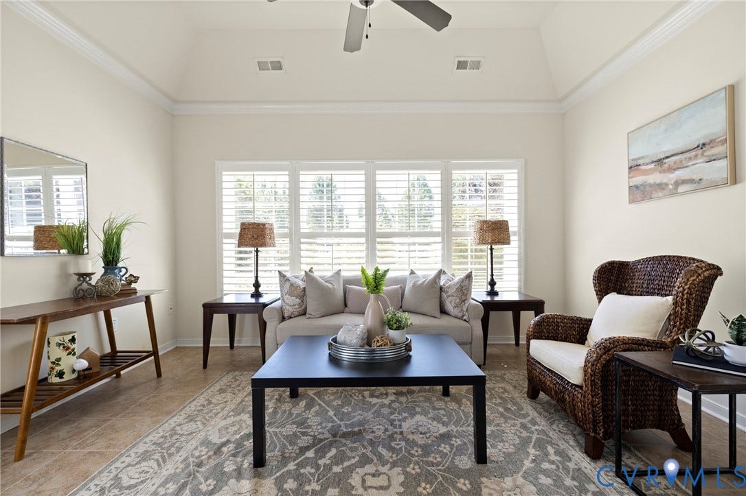 14119 Shawhan Place, Charter Colony, Midlothian, VA 23114 Vaulted ceiling, ceiling fan, white crown molding, plantation shutters, and wood-finish flooring