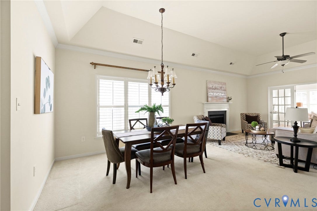 14119 Shawhan Place, Charter Colony, Midlothian, VA 23114 Tray ceiling, crown molding, fireplace with mantel, ceiling fan, and French doors