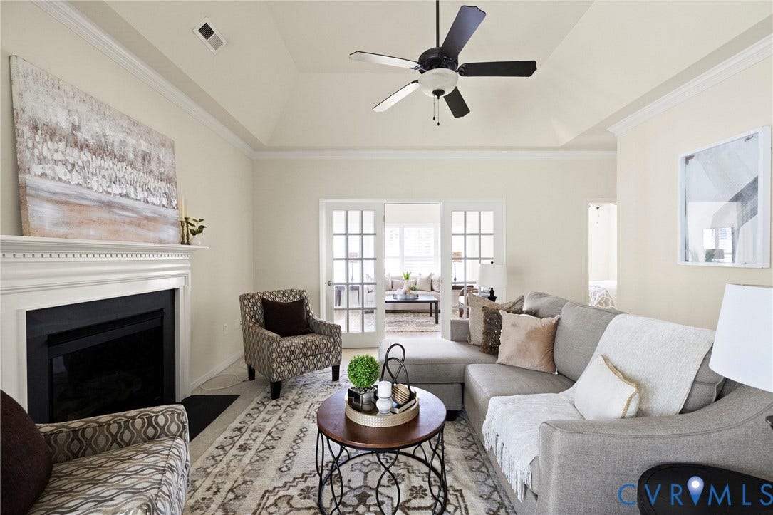 14119 Shawhan Place, Charter Colony, Midlothian, VA 23114 Vaulted ceiling with crown molding, ceiling fan, white mantel fireplace, and French doors