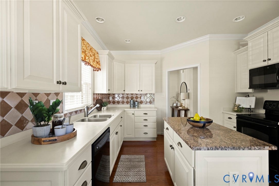 14119 Shawhan Place, Charter Colony, Midlothian, VA 23114 White cabinetry, recessed lighting, wood-finish flooring, dual basin sink, and a center island with a stone-finish countertop